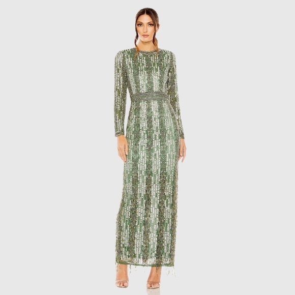 MAC DUGGAL 5981 NWT High Neck Long Sleeve Crystal Fringe Column Gown - Picture 1 of 6